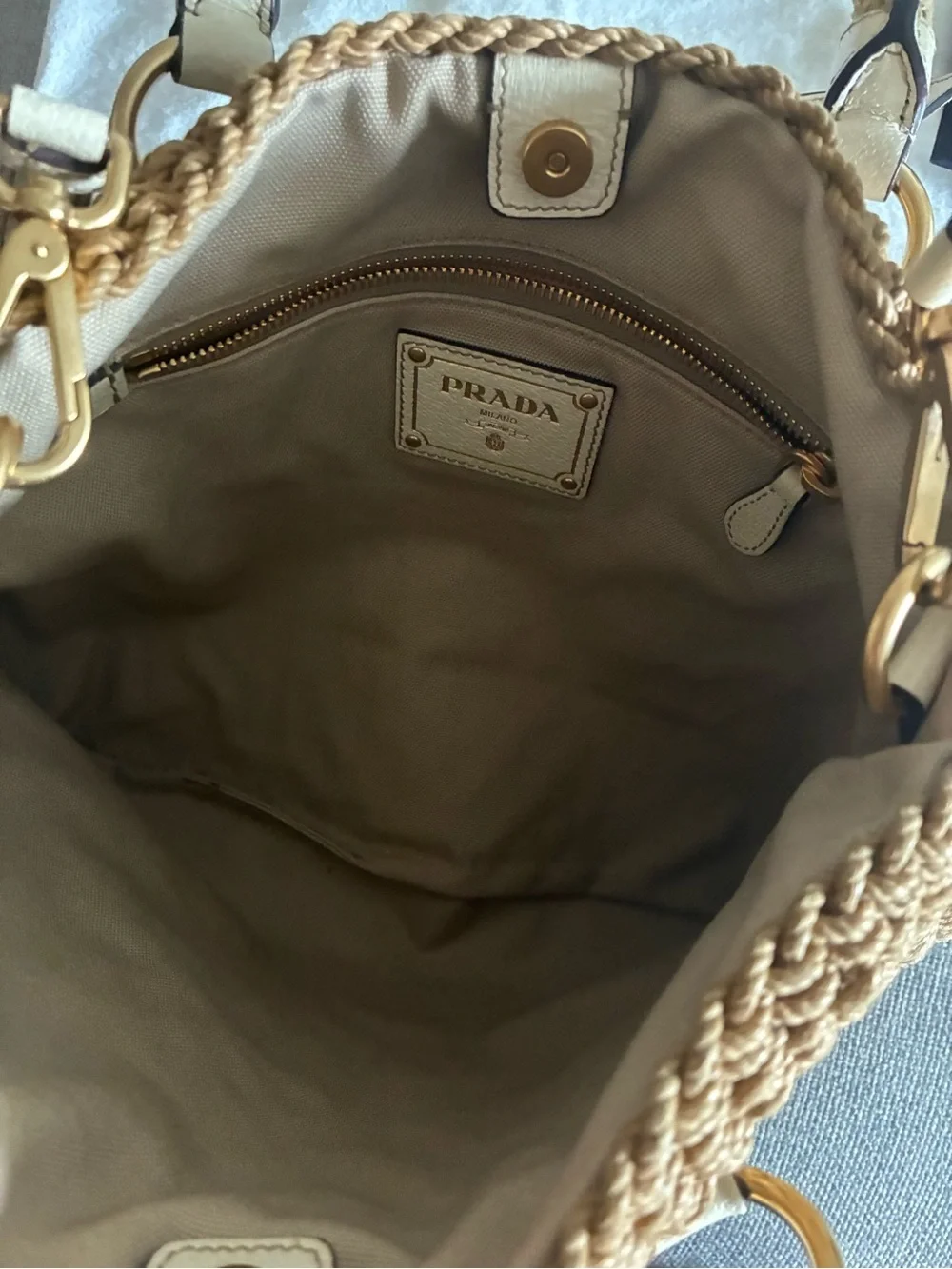 Prada Beige Braided-Trim Tote with Gold Hardware - Picture 6 of 9